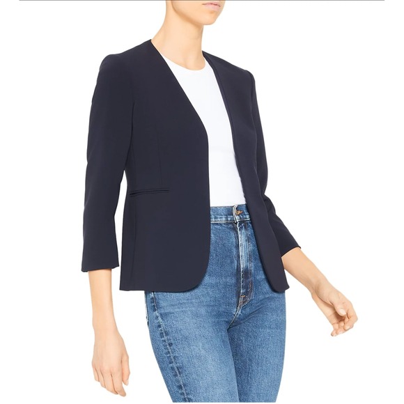 Theory Lindrayia Admiral Crepe Blazer Women 8 Deep Navy 3/4 Open Front Office - Picture 2 of 15